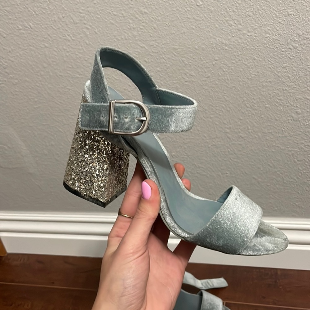 Light blue, velvet heels with sparkly heel